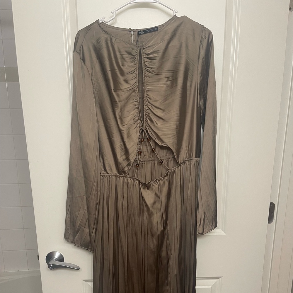 Brand new gold/bronze or green silk dress. Open midriff from Zara